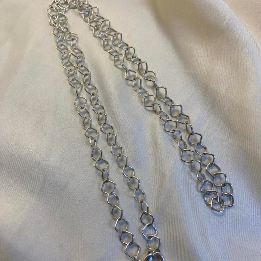 Vintage Silver Tone Open Square Link Necklace Geometric Diamond Chain Long